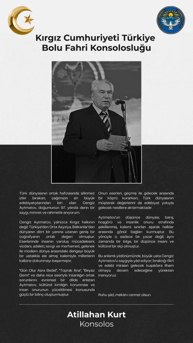 Kurt, Cengiz Aytmatov’u, doğumunun 97. yılında derin bir saygı, minnet ve rahmetle anıyorum.