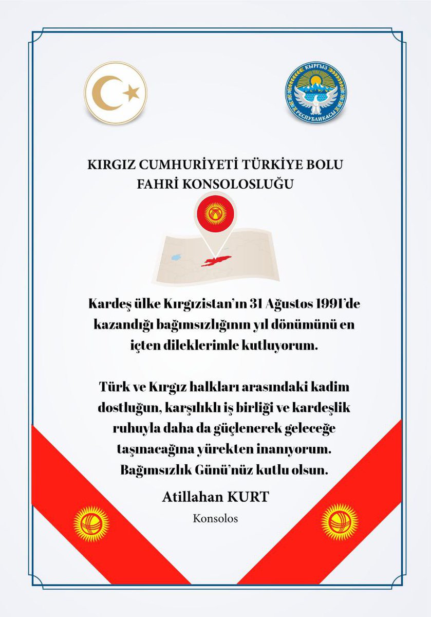 KURT Kırgızistan’ın 31 Ağustos 1991 de kazandığı bağımsızlığının yıl dönümünü en içten dileklerimle kutluyorum